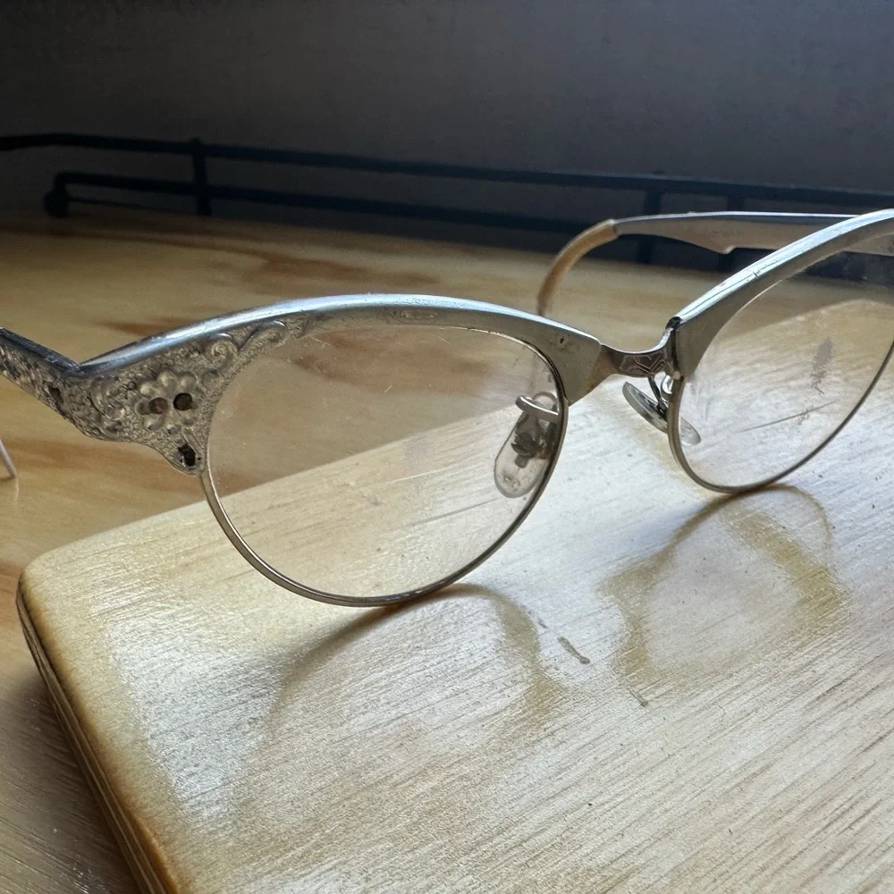 Vintage 1940s Artcraft Cat Eye Glasses Floral Engraved Retro Frames